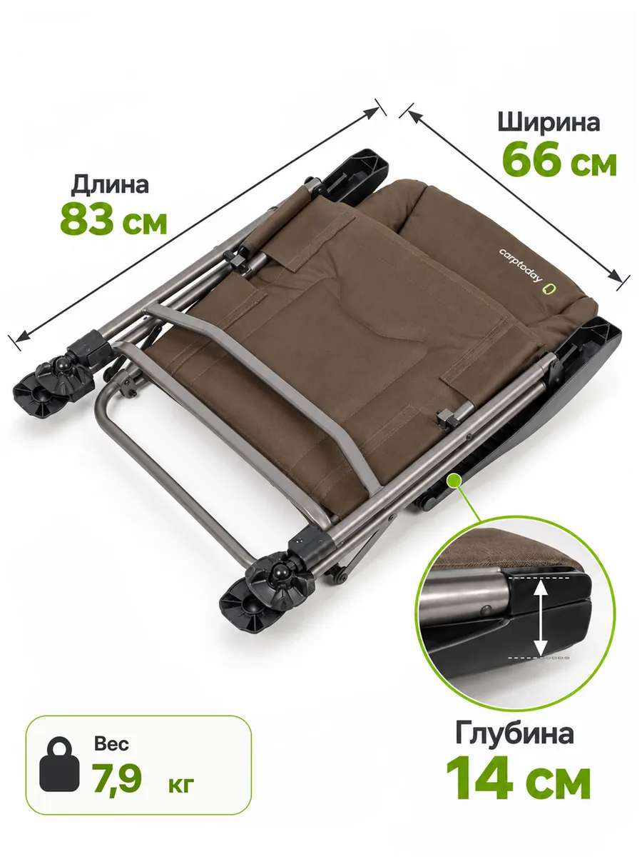 Габариты кресла Carptoday Комфорт ПРО в сложенном виде: 83 × 66 × 14 см, вес 7,9 кг