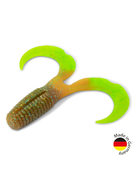 Твистер IRON CLAW Moby Softbaits CURLY ONE Non Toxic / 12cm / Motoroil Chartreuse