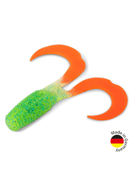 Твистер IRON CLAW Moby Softbaits CURLY ONE Non Toxic / 12cm / Blue Glitter Chartreuse Orange