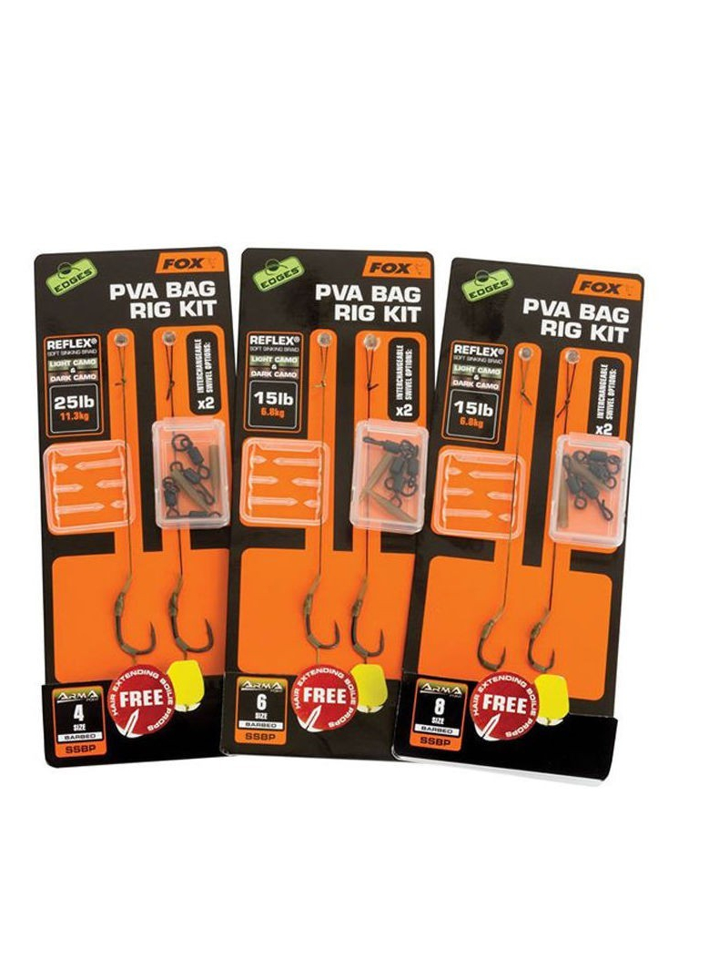 Поводки в сборе для ПВА-мешков FOX PVA Bag Rig Kits EDGES, Тест: 25.00 lb, Безбородый: Нет, Размер крючка: №4