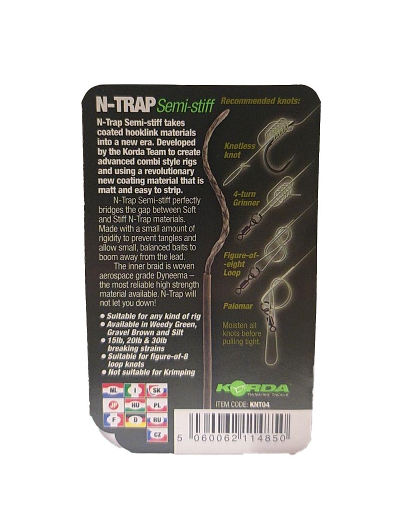 Поводковый материал Korda N-Trap Semi Stiff в оплётке средней жесткости, Цвет: Weed Green, Тест: 30.00 lb, изображение 5 Поводковый материал Korda N-Trap Semi Stiff в оплётке средней жесткости, Цвет: Weed Green, Тест: 30.00 lb, изображение 5