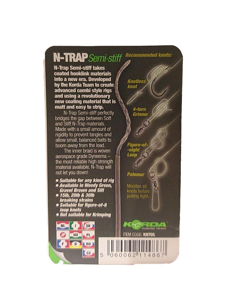 Поводковый материал Korda N-Trap Semi Stiff в оплётке средней жесткости, Цвет: Weed Green, Тест: 30.00 lb, изображение 6 Поводковый материал Korda N-Trap Semi Stiff в оплётке средней жесткости, Цвет: Weed Green, Тест: 30.00 lb, изображение 6