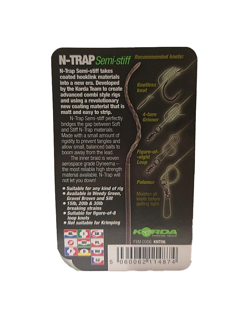 Поводковый материал Korda N-Trap Semi Stiff в оплётке средней жесткости, Цвет: Weed Green, Тест: 30.00 lb, изображение 7 Поводковый материал Korda N-Trap Semi Stiff в оплётке средней жесткости, Цвет: Weed Green, Тест: 30.00 lb, изображение 7