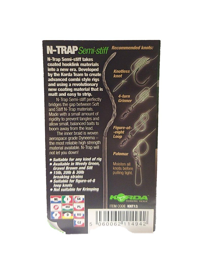 Поводковый материал Korda N-Trap Semi Stiff в оплётке средней жесткости, Цвет: Weed Green, Тест: 30.00 lb, изображение 8 Поводковый материал Korda N-Trap Semi Stiff в оплётке средней жесткости, Цвет: Weed Green, Тест: 30.00 lb, изображение 8