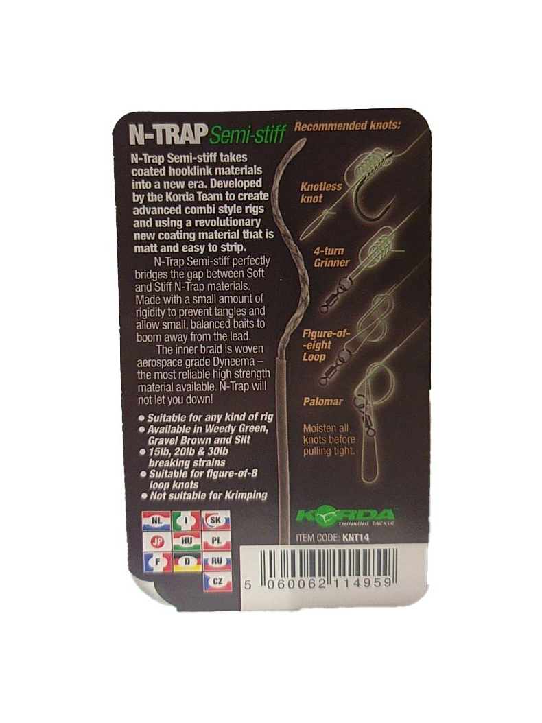 Поводковый материал Korda N-Trap Semi Stiff в оплётке средней жесткости, Цвет: Weed Green, Тест: 30.00 lb, изображение 9 Поводковый материал Korda N-Trap Semi Stiff в оплётке средней жесткости, Цвет: Weed Green, Тест: 30.00 lb, изображение 9