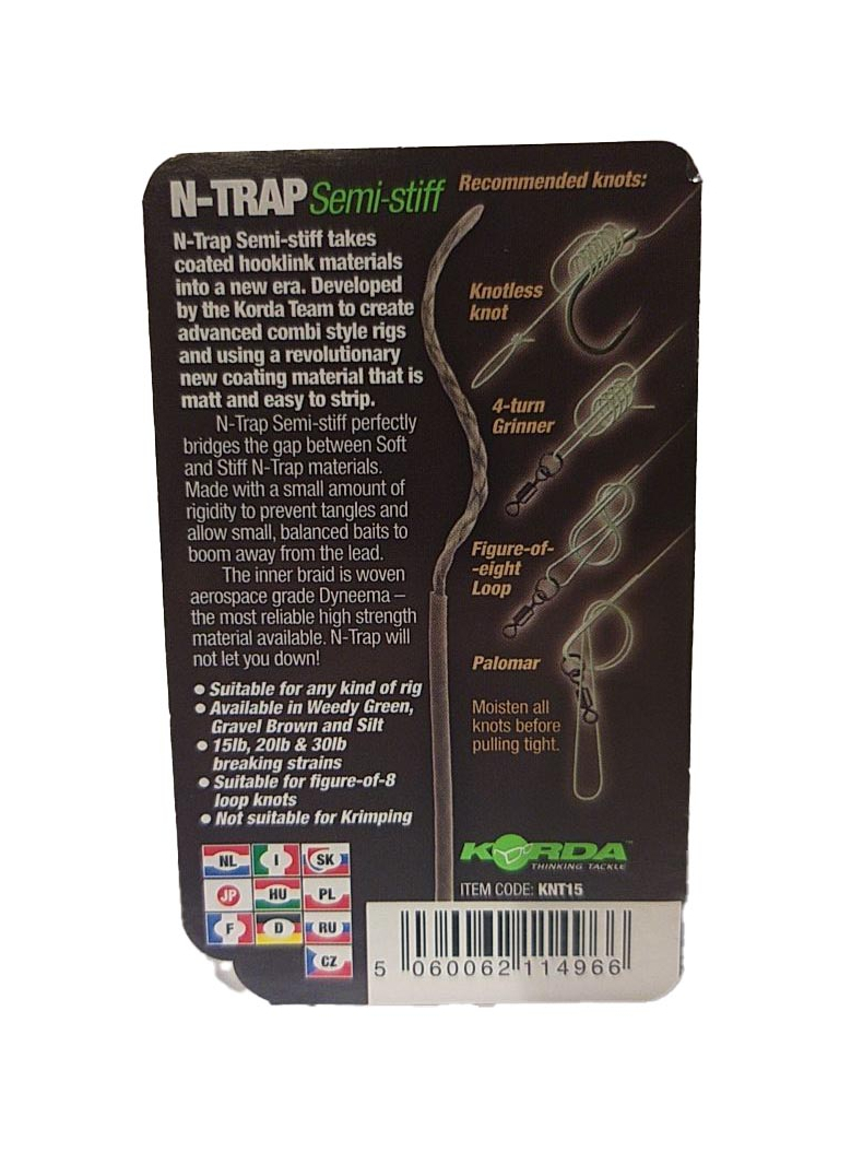 Поводковый материал Korda N-Trap Semi Stiff в оплётке средней жесткости, Цвет: Weed Green, Тест: 30.00 lb, изображение 10 Поводковый материал Korda N-Trap Semi Stiff в оплётке средней жесткости, Цвет: Weed Green, Тест: 30.00 lb, изображение 10