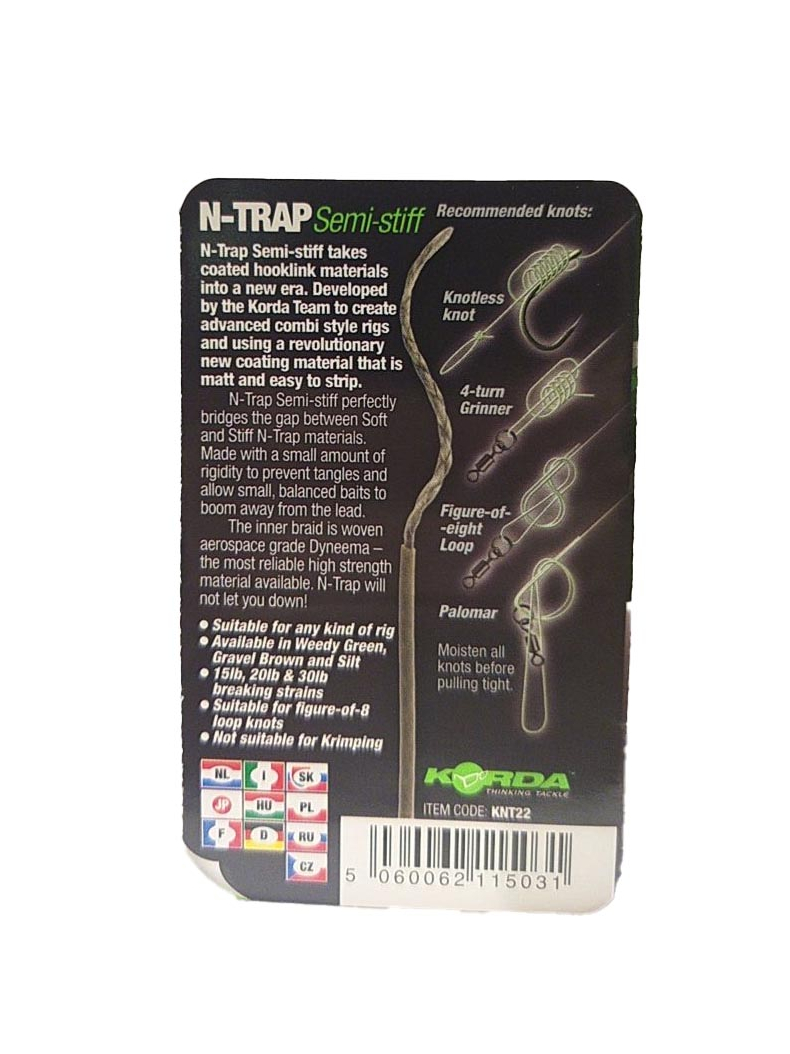 Поводковый материал Korda N-Trap Semi Stiff в оплётке средней жесткости, Цвет: Weed Green, Тест: 30.00 lb, изображение 11 Поводковый материал Korda N-Trap Semi Stiff в оплётке средней жесткости, Цвет: Weed Green, Тест: 30.00 lb, изображение 11
