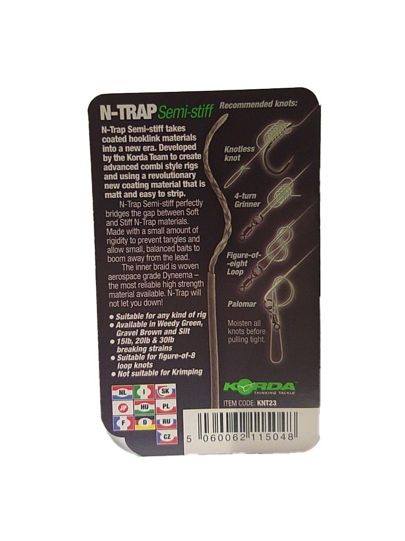 Поводковый материал Korda N-Trap Semi Stiff в оплётке средней жесткости, Цвет: Weed Green, Тест: 30.00 lb, изображение 12 Поводковый материал Korda N-Trap Semi Stiff в оплётке средней жесткости, Цвет: Weed Green, Тест: 30.00 lb, изображение 12
