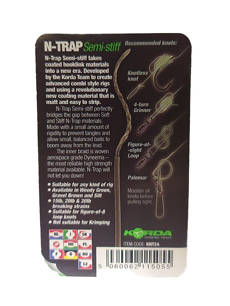 Поводковый материал Korda N-Trap Semi Stiff в оплётке средней жесткости, Цвет: Weed Green, Тест: 30.00 lb, изображение 13 Поводковый материал Korda N-Trap Semi Stiff в оплётке средней жесткости, Цвет: Weed Green, Тест: 30.00 lb, изображение 13