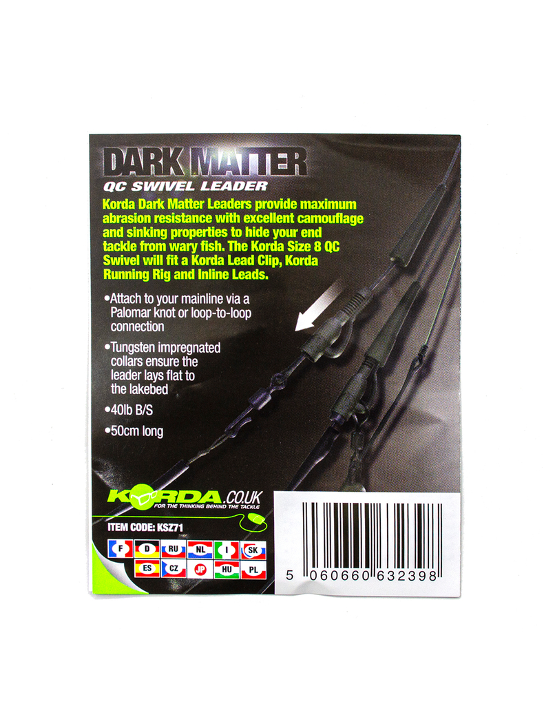 Готовый монолидер с быстросъёмом Korda Dark Matter QC Swivel Leader, Цвет: Weed (Водоросли), Тест: 40.00 lb, изображение 3 Готовый монолидер с быстросъёмом Korda Dark Matter QC Swivel Leader, Цвет: Weed (Водоросли), Тест: 40.00 lb, изображение 3