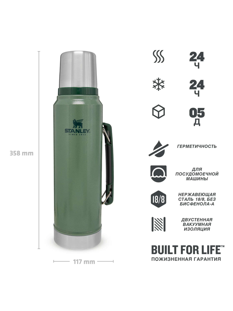Термос STANLEY Classic 1L тёмно-зелёный, изображение 2