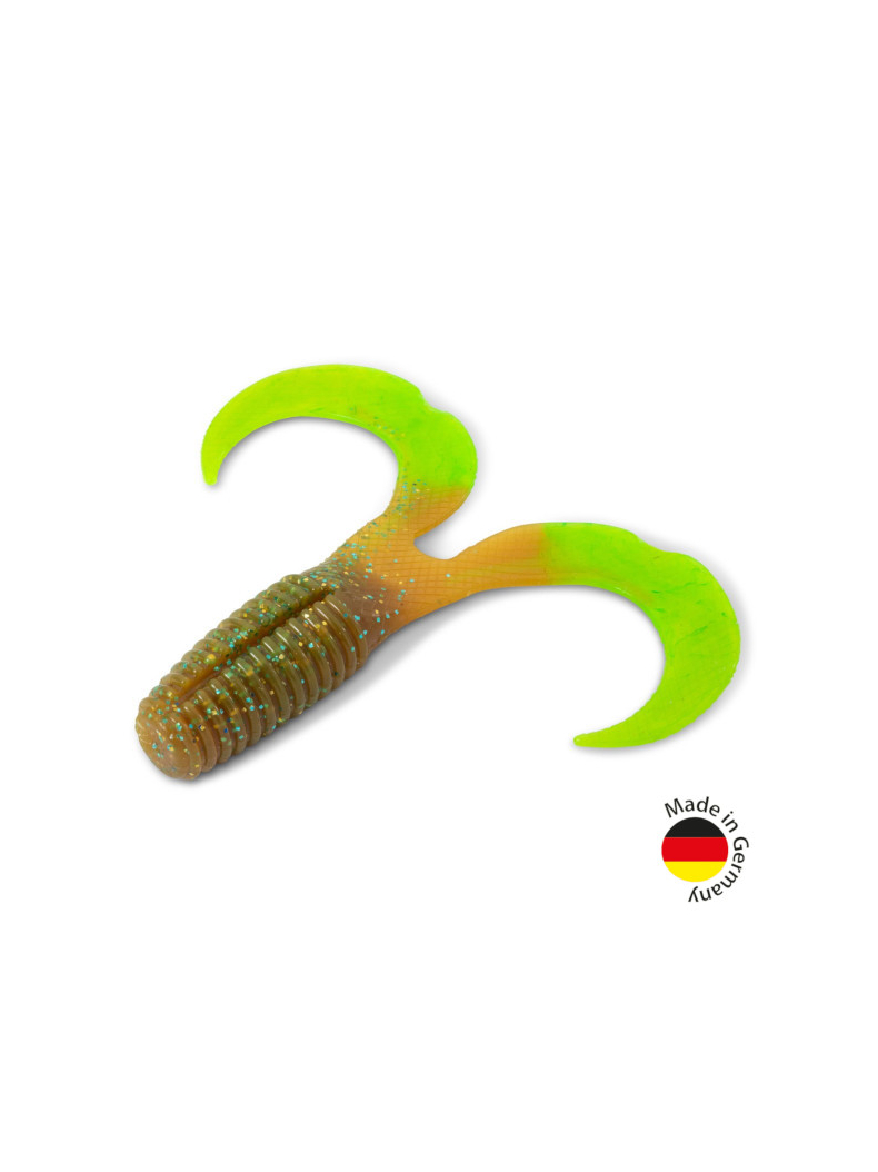 Твистер IRON CLAW Moby Softbaits CURLY ONE Non Toxic / 12cm / Motoroil Chartreuse