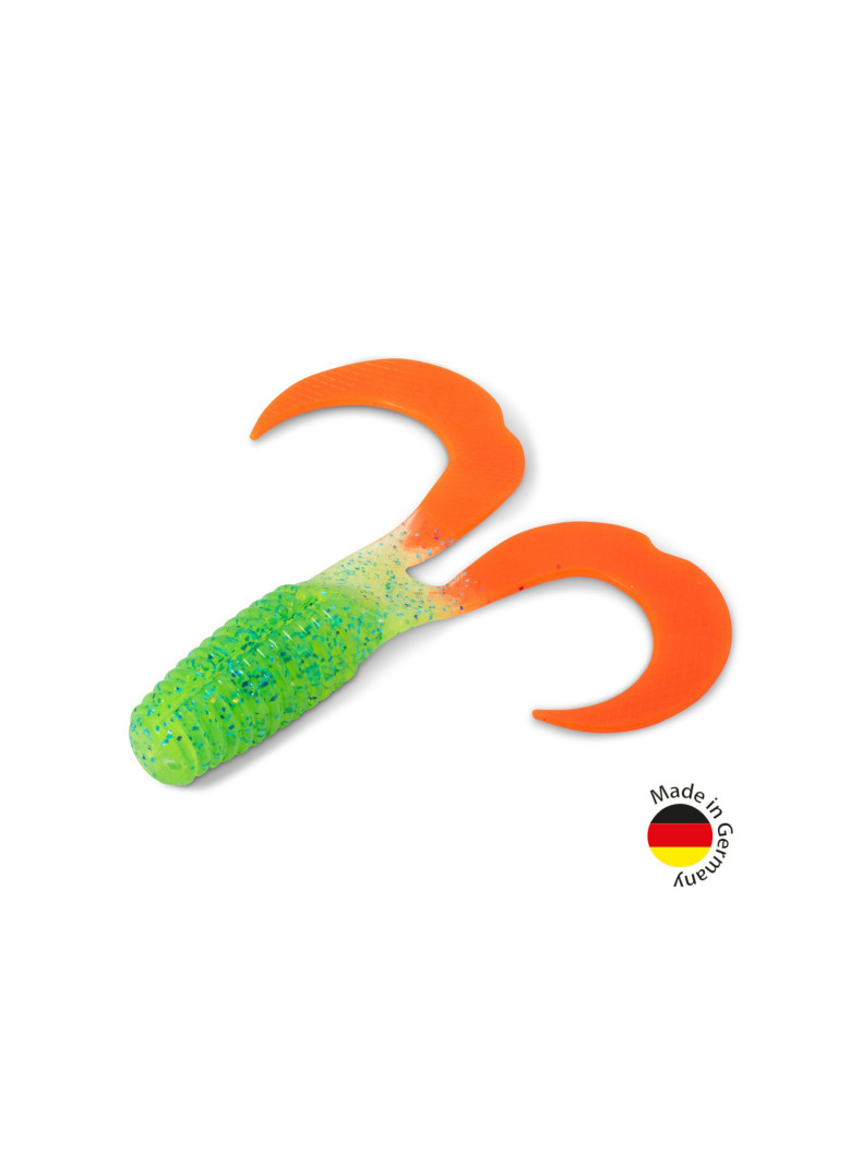 Твистер IRON CLAW Moby Softbaits CURLY ONE Non Toxic / 12cm / Blue Glitter Chartreuse Orange