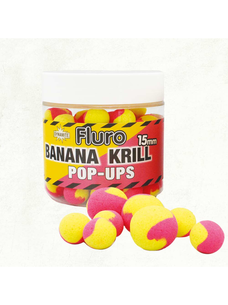 Плавающие бойлы Dynamite Baits Two Tone Fluro Banana & Krill Pop-Ups (банан и криль), Диаметр: 15 мм