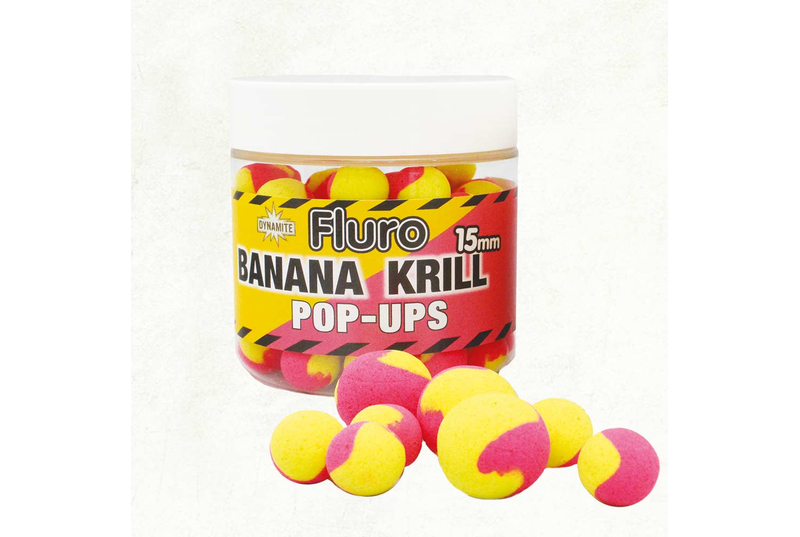 Плавающие бойлы Dynamite Baits Two Tone Fluro Banana & Krill Pop-Ups (банан и криль), Диаметр: 15 мм